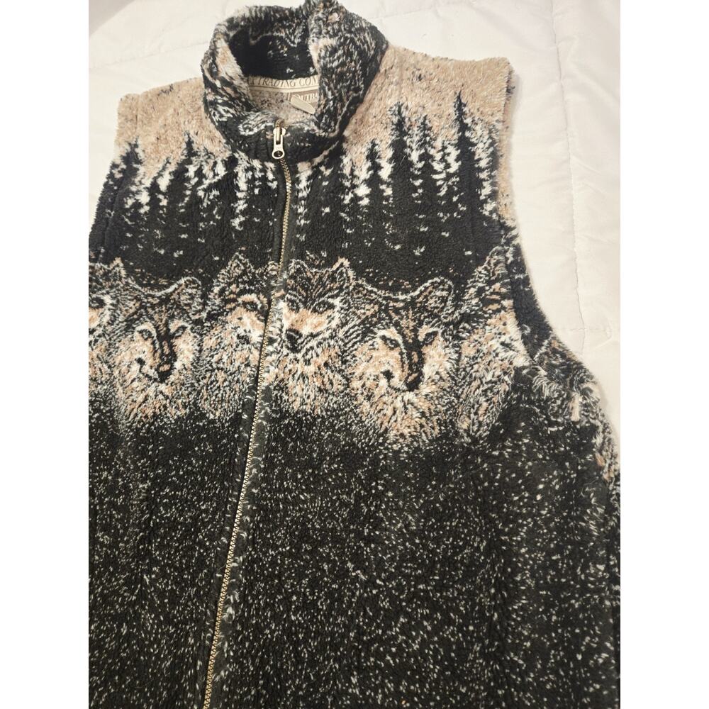 Vintage Black Wild Wolves Sz M Nature Vest Winter Travel Outdoor Fleece Outback